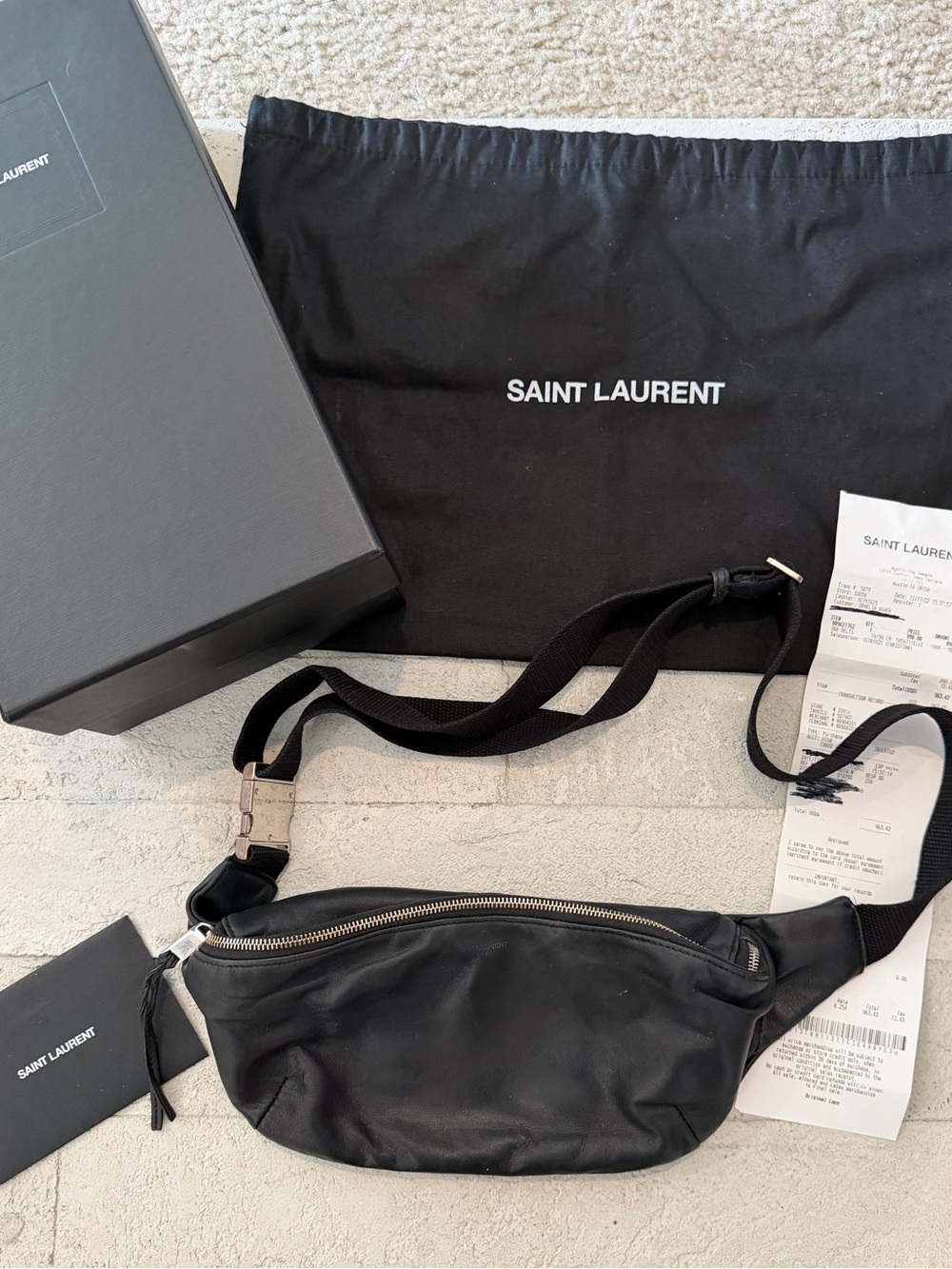 Saint Laurent Black Leather Waist Bag with Silver Zip